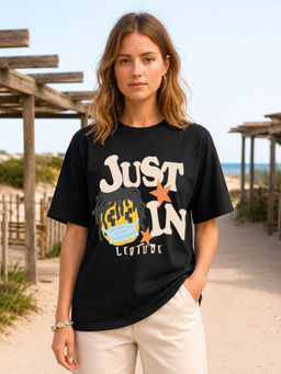 LEOTUDE - Women Black Typography Printed Oversized T-shirt