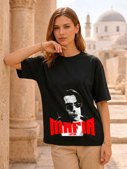 LEOTUDE - Women Black Graphic Printed Oversized T-shirt