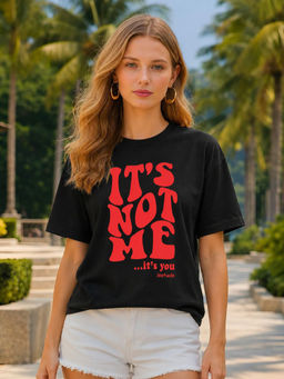 LEOTUDE - Women Black Typography Printed Oversized T-shirt