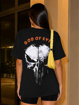 LEOTUDE - Women Black Graphic Printed Oversized T-shirt