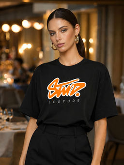 LEOTUDE - Women Black Typography Printed Oversized T-shirt