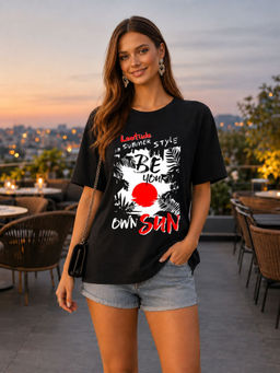 LEOTUDE - Women Black Graphic Printed Oversized T-shirt