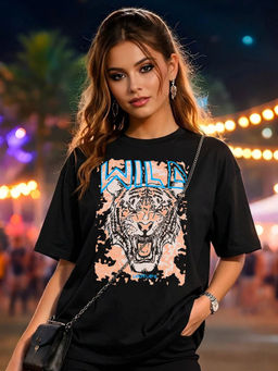 LEOTUDE - Women Black Graphic Printed Oversized T-shirt