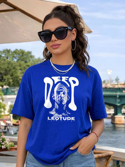 LEOTUDE - Women Blue Graphic Printed Oversized T-shirt