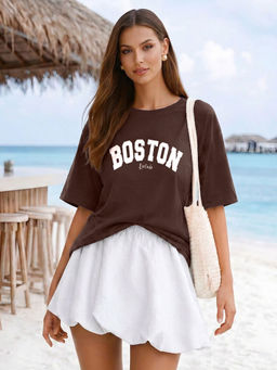 LEOTUDE - Women Brown Typography Printed Oversized T-shirt