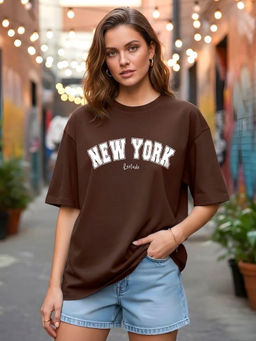 LEOTUDE - Women Brown Typography Printed Oversized T-shirt