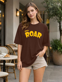 LEOTUDE - Women Brown Typography Printed Oversized T-shirt