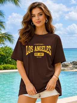 LEOTUDE - Women Brown Typography Printed Oversized T-shirt