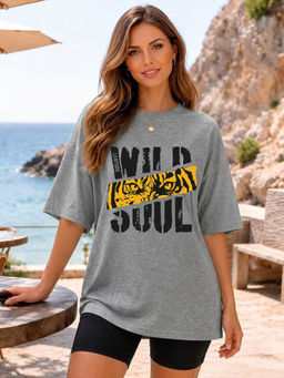LEOTUDE - Women Grey Typography Printed Oversized T-shirt