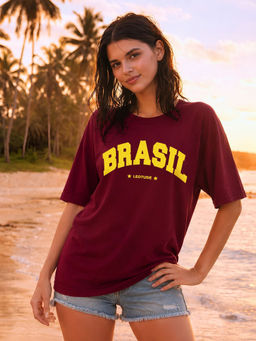 LEOTUDE - Women Maroon Typography Printed Oversized T-shirt