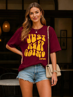 LEOTUDE - Women Maroon Typography Printed Oversized T-shirt