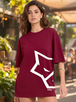 LEOTUDE - Women Maroon Printed Oversized T-shirt