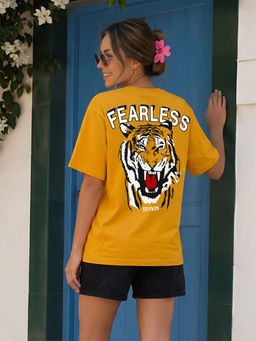 LEOTUDE - Women Mustard Graphic Printed Oversized T-shirt