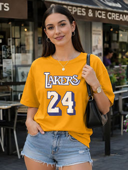 LEOTUDE - Women Mustard Typography Printed Oversized T-shirt