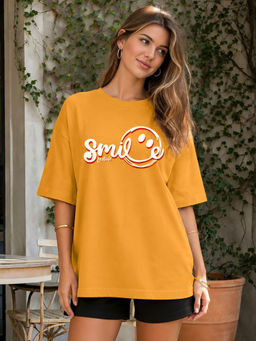 LEOTUDE - Women Mustard Printed Oversized T-shirt