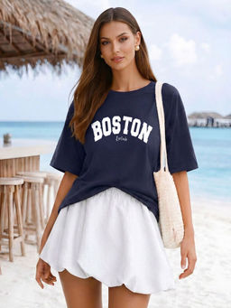LEOTUDE - Women Navy Blue Typography Printed Oversized T-shirt
