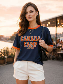 LEOTUDE - Women Navy Blue Typography Printed T-shirt