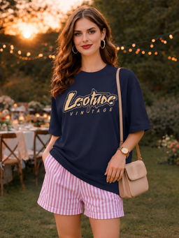 LEOTUDE - Women Navy Blue Typography Printed T-shirt
