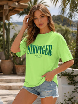 LEOTUDE - Women Green Typography Printed Oversized T-shirt