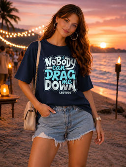 LEOTUDE - Women Navy Blue Typography Printed Oversized T-shirt
