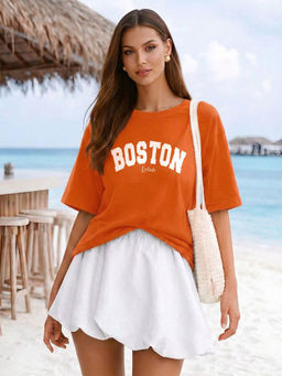 LEOTUDE - Women Orange Typography Printed Oversized T-shirt