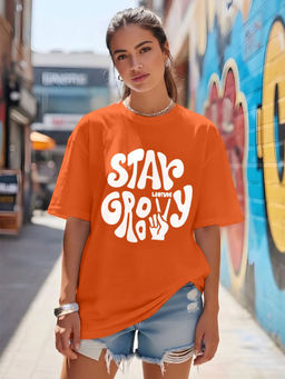 LEOTUDE - Women Orange Typography Printed Oversized T-shirt