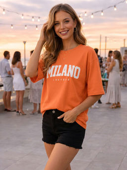 LEOTUDE - Women Orange Typography Printed Oversized T-shirt