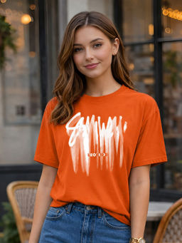 LEOTUDE - Women Orange Printed Oversized T-shirt