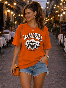 LEOTUDE - Women Orange Graphic Printed Oversized T-shirt