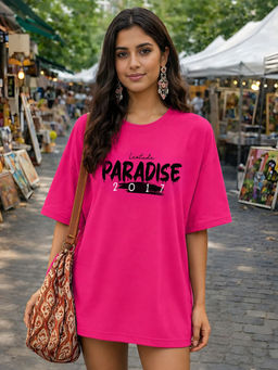LEOTUDE - Women Pink Typography Printed Oversized T-shirt