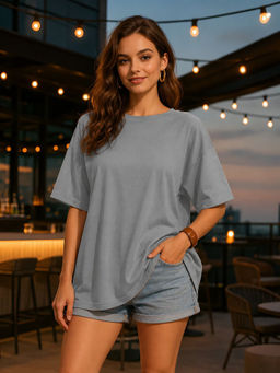LEOTUDE - Women Grey Solid Oversized T-shirt