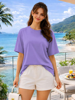 LEOTUDE - Women Lavender Solid Oversized T-shirt
