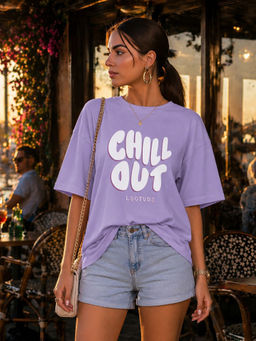 LEOTUDE - Women Lavender Typography Oversized T-shirt