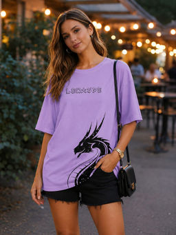 LEOTUDE - Women Lavender Graphic Printed Oversized T-shirt