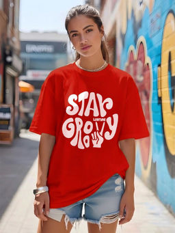 LEOTUDE - Women Red Typography Printed Oversized T-shirt