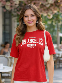 LEOTUDE - Women Red Typography Printed Oversized T-shirt