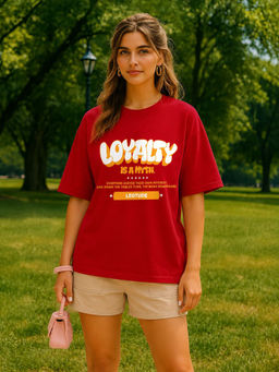 LEOTUDE - Women Red Typography Printed Oversized T-shirt