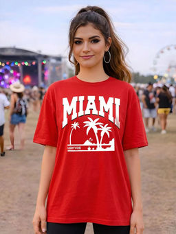 LEOTUDE - Women Red Typography Printed Oversized T-shirt