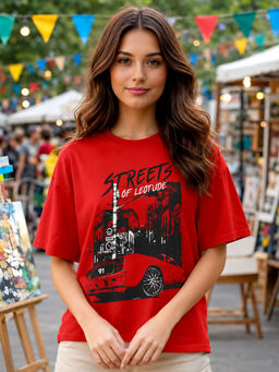 LEOTUDE - Women Red Graphic Printed Oversized T-shirt