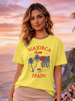 LEOTUDE - Women Yellow Graphic Printed Oversized T-shirt