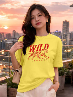 LEOTUDE - Women Yellow Graphic Printed Oversized T-shirt
