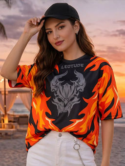LEOTUDE - Women Orange Graphic Printed Oversized T-shirt