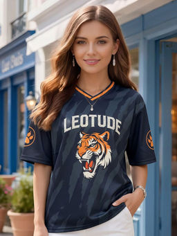 LEOTUDE - Women Navy Blue Graphic Printed Oversized T-shirt
