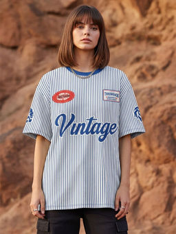 LEOTUDE - Women Blue Stripes Oversized T-shirt