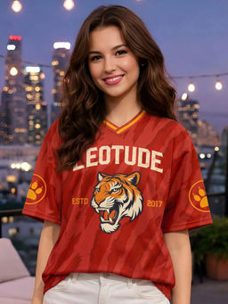 LEOTUDE - Women Red Graphic Printed Oversized T-shirt