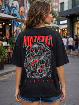 LEOTUDE - Women Black Graphic Printed Oversized T-shirt