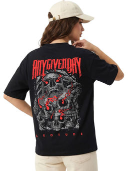 LEOTUDE - Women Black Graphic Printed Oversized T-shirt