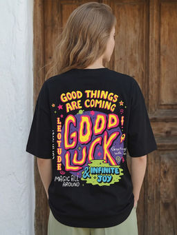 LEOTUDE - Women Black Typography Printed Oversized T-shirt