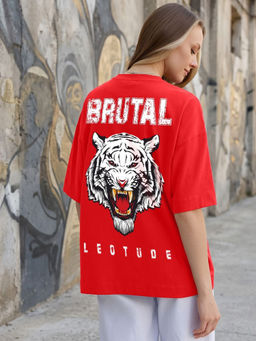 LEOTUDE - Women Red Graphic Printed Oversized T-shirt