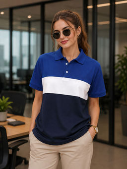LEOTUDE - Women Blue Colorblock Polo Neck T-shirt